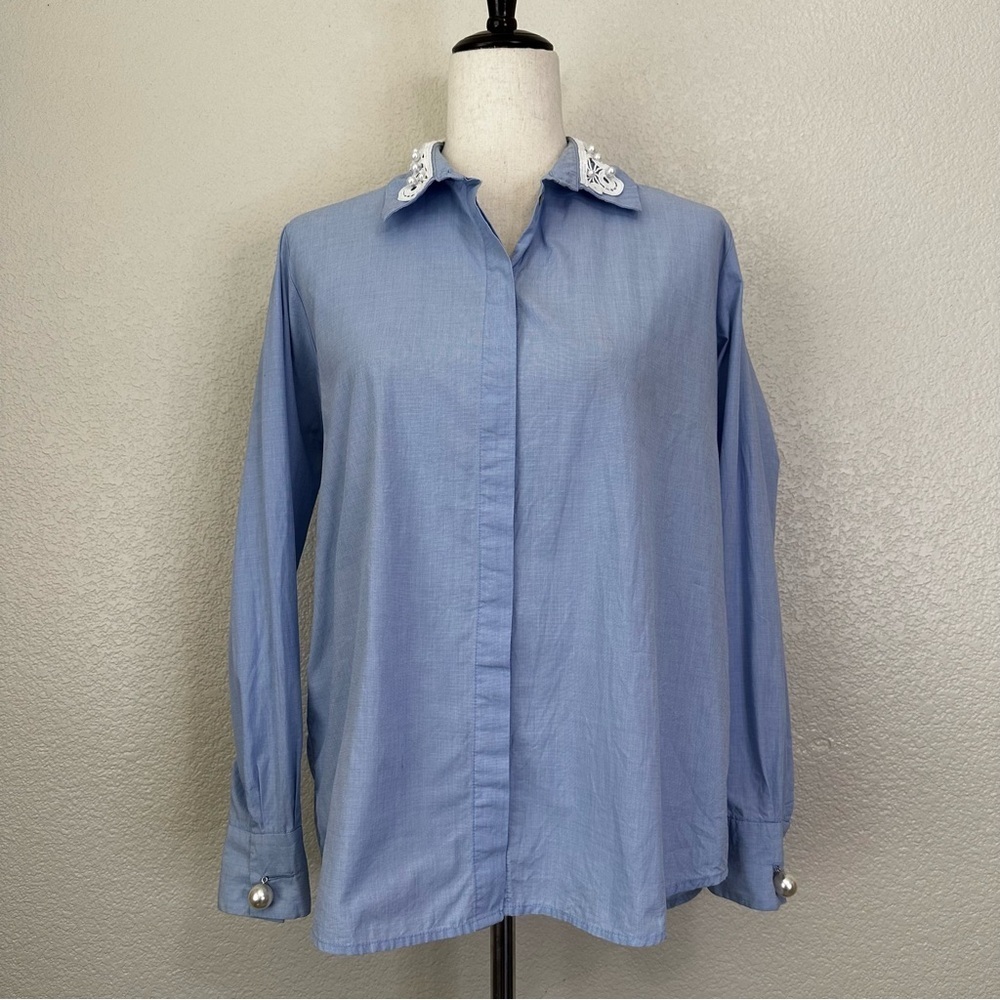 Zara Basic Blue Pearl Crochet Detailing Button Down Women's Shirt, Sz Medium